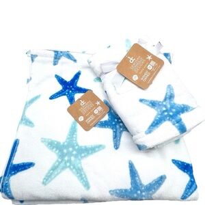 Deborah Connolly Designs Blue Turquoise Starfish Set 2 Bath 2 Hand Towels 4pc
